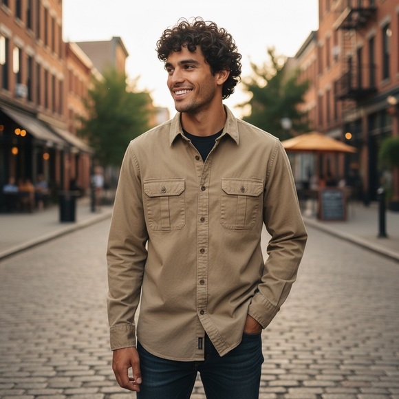 J Crew Broken in Chino Mens L shirt Khaki 100% Cotton VINTAGE GORPCORE preppy - Picture 1 of 10